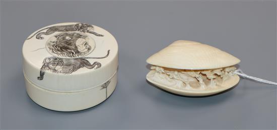 A Japanese ivory pot and carved clam shell
